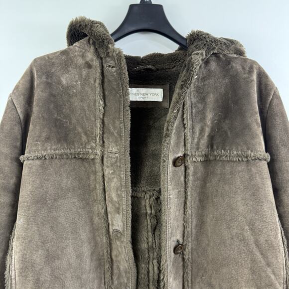 Vintage Jones New York Sport Brown Suede Faux Fur Coat Large Hooded Penny Lane - Picture 3 of 15